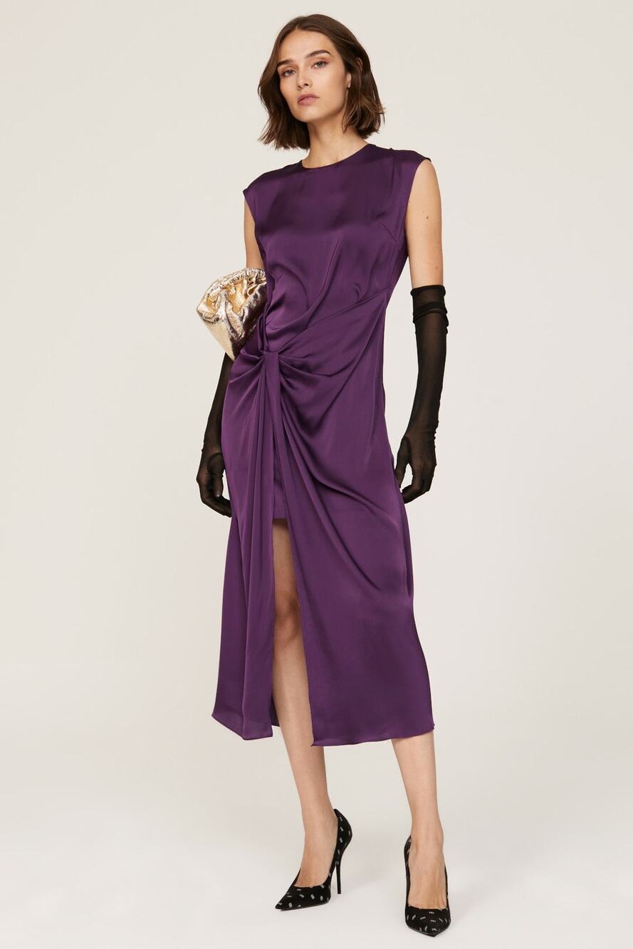 MARINA MOSCONE COLLECTIVE Purple Satin Shift Knot Sleeveless Dress Size 14